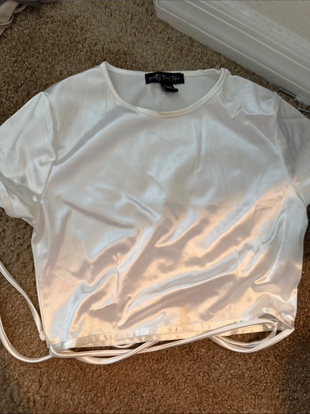 White Satin Short Sleeve Crop Top with Adjustable Tie Hem